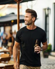 white man drinking beer wearing a blank black shirt