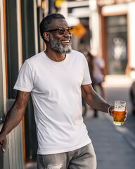 black man drinking beer wearing a blank white shirt