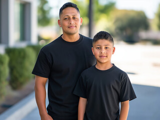 Hispanic man and son wearing blank black shirts