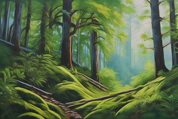 Vibrant acrylic forests captivate with colorful trees and landscapes. 