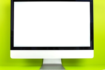 Blank computer monitor on a home office desk, lime green background for a vibrant look.