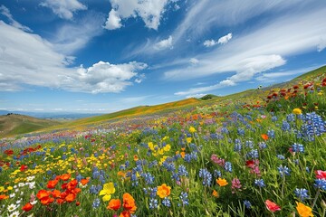 Fototapeta premium A vibrant meadow filled with red poppies and wildflowers under a clear blue sky