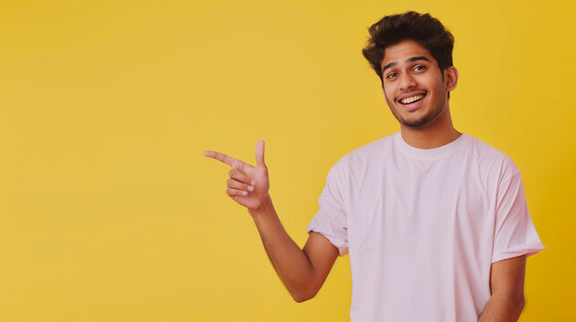 Excited happy positive young indian man student pointing aside with fingers hand gesture at copy space advertising product, presenting sale discount promo offer standing isolated on yellow background