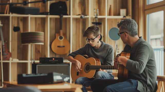 A Teacher Watch His Student Playing the Guitar