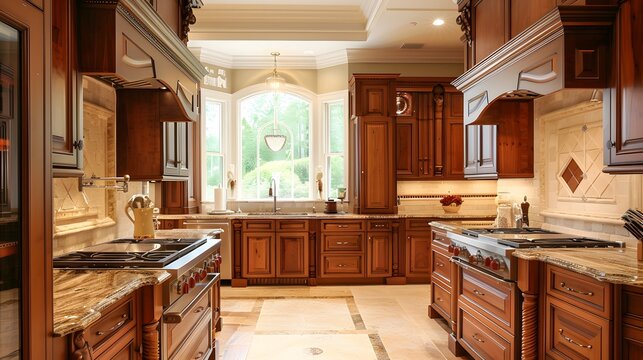 Traditional Kitchen: Rich wood cabinetry with intricate details. Ornate moldings, classic fixtures, and a warm, inviting color scheme with granite or marble countertops.