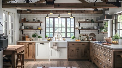 Farmhouse Kitchen: Rustic charm with a cozy feel. Shaker-style cabinets, apron-front sinks, wooden beams, open shelving, and a mix of vintage and industrial elements. 