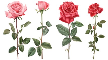 Collection of beautiful rose flowers isolated on white background. Spring and summer red, pink roses floral branch and leaves. Generative Ai
