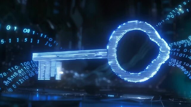 Glowing digital key floats in dark cyberspace. Intricate circuitry patterns form key's shape. Bright blue energy flows through circular bow. Binary code streams in background. Represents access, digit