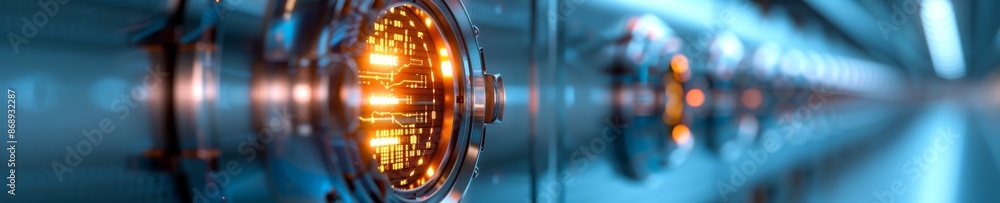 Poster futuristic technology interface with glowing digital display and abstract background.