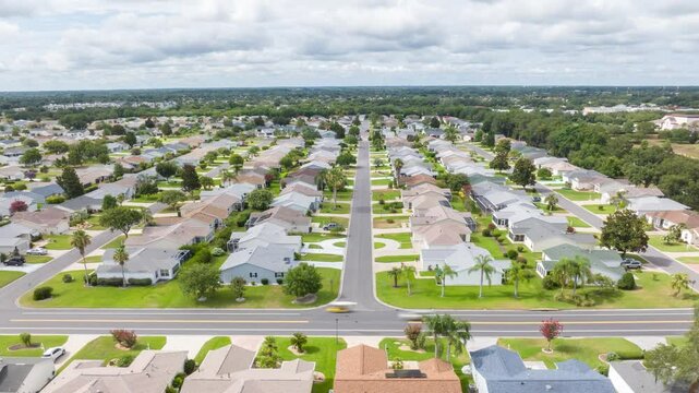 The Villages retirement community in Florida. Aerial hyper lapse of modern houses in neighborhood. Elderly homeowners drive golf carts. Drone time lapse, truck shot.