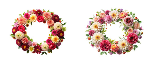 Beautiful Rose and Dahlia Wreath Flower Design on a Transparent Background.