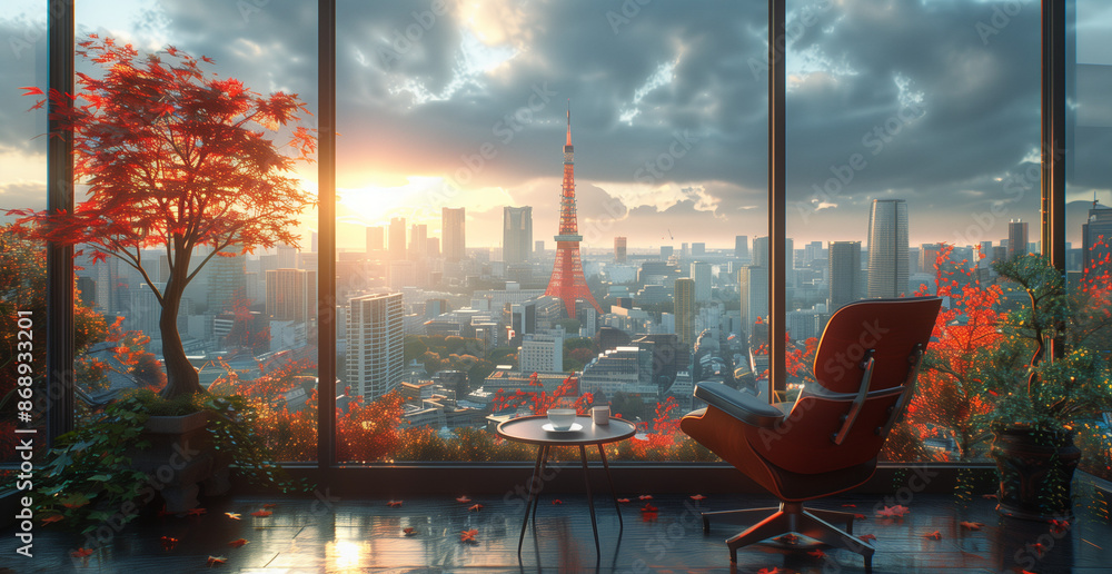 Wall mural Closeup of a red recliner sofa in a high-rise office with a view of the city outside the window