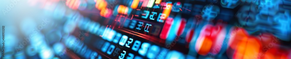 Poster abstract digital display with blue and red lights - stock market data visualization.
