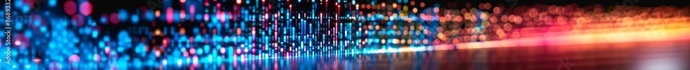 Poster abstract blurred lights bokeh background with a reflective surface - red blue and yellow color tones