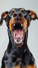 A sleepy dog with a mouth wide open, showing its teeth, going to sleep