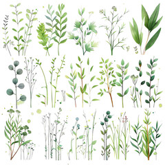 Collection of 30 hand-drawn green leaves and branches, perfect for floral design, greeting cards, and invitations.