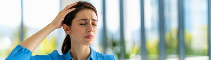 Fototapeta premium woman holding head in pain, upset frustrated expression, close up portrait.