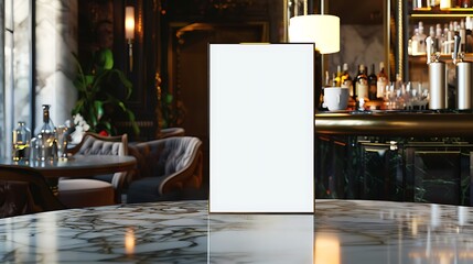 Blank menu frame on polished stone table, boutique hotel bar, vertical layout.