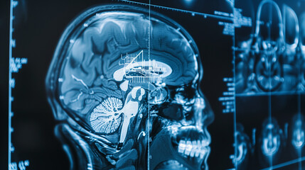 Digital x-ray of a human skull and brain highlighted in blue.