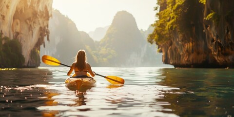 A woman is kayaking in the sea near an island with cliffs.