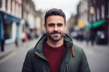 Fototapeta premium Portrait of a handsome man with beard standing outside in the city