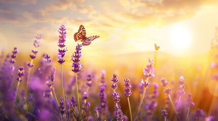 Blooming lavender spring flower and a flying butterfly against the backdrop of a spring sunrise landscape