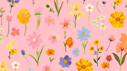 Various tiny spring flowers clipart collection pattern, minimal abstract illustration style , super fresh fluorescent vibrant color palette