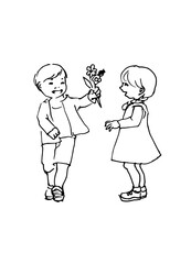 花をプレゼントする男の子と女の子のイラスト