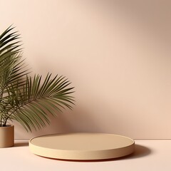 Obraz premium Empty studio interior background for product podium display with beige background shadow, summer product mockup background. Generative Ai