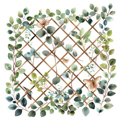 A wooden trellis with green vines and delicate flowers, creating a natural and elegant design.