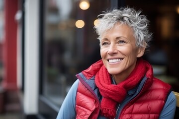 Portrait of happy senior woman smiling at camera in cafe, outdoors