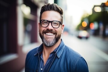 Obraz premium Portrait of a handsome man with glasses smiling in a city street