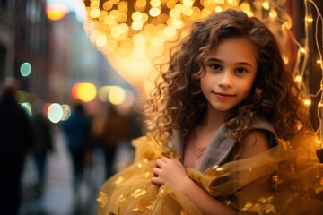 Portrait of a beautiful young girl with curly hair in a yellow dress on the background of the night city.