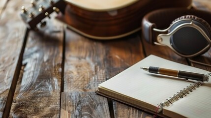A guitar, headphones, and a notebook with a pen on a rustic wooden table, suggesting music creation or songwriting.