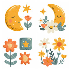 Obraz premium Small clip art set of 4 with simple moon