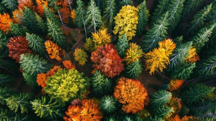 Fototapeta premium Aerial view of a forest in autumn with vibrant foliage colors. Red, orange, yellow, and green leaves create a beautiful tapestry.