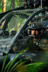 A close-up of an Attack Helicopters AH-64 Apaches cockpit amidst a jungle operation The pilots face is tense with concentration