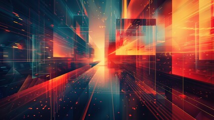 Obraz premium Abstract digital art with glowing lines and geometric shapes in a futuristic city.