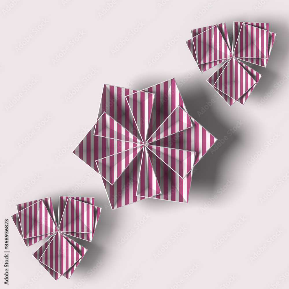 Poster digital illustration of stylized abstract white flowers with striped pink texture. 3d rendering