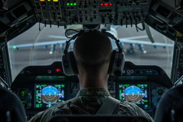 A faceless pilot controlling a combat drone, emphasizing the detachment in remote warfare