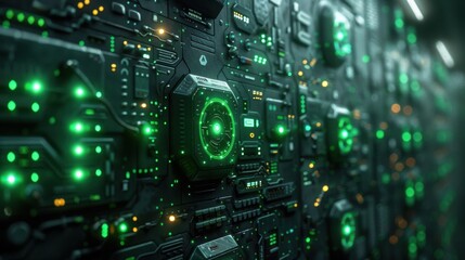 Fototapeta premium Iron wall decorated with green glowing electrical circuits.