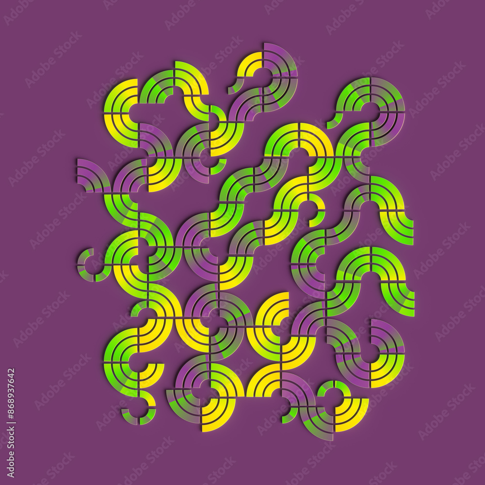 Poster Pattern of interlocking swirling shapes with a color gradient. 3d rendering digital illustration
