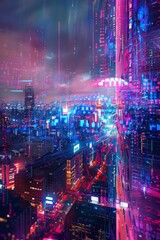 A panoramic cityscape at night, glowing with neon lights and holographic data streams, protected by a translucent digital shield, glitch art