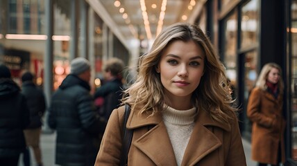 Woman in the city. Post-Holiday Sales and Discounts. Shopping, discounts, clearance, bargain hunting.