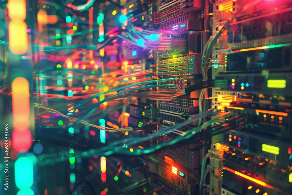 Poster a pixelated tangle of brightly colored network cables behind a server rack, creating a chaotic yet n