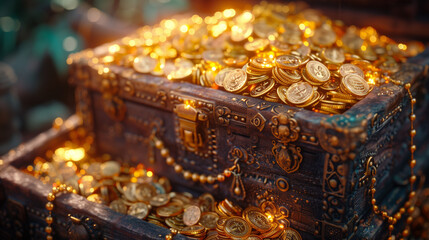 Closeup of a box full of gold coins and treasures