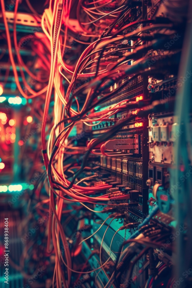 Poster a pixelated tangle of brightly colored network cables behind a server rack, creating a chaotic yet n