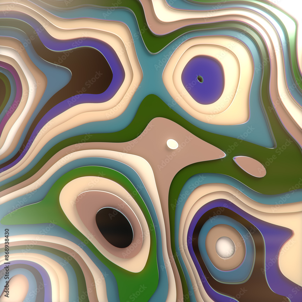 Aufkleber Fascinating undulating pattern of multicolored topographical topographic landscape. 3d rendering illustration