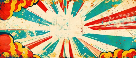 Superhero-themed birthday card with a vintage comic book explosion background, blank space for a personalized message, retro design