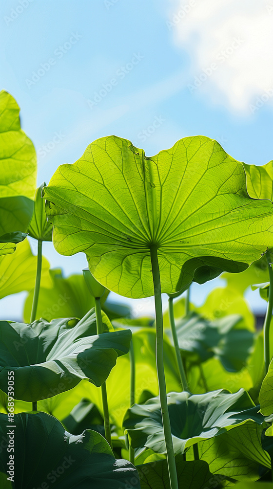 Poster closeup of lotus leaves in the summer sun